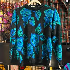 Vintage 80s Colorful Metallic Rose Print Sweater